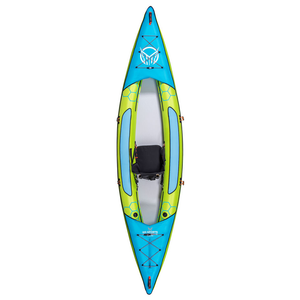 Top view of the Beacon inflatable kayak with a blue and green design, black seat, and bungee cords at the front and back.