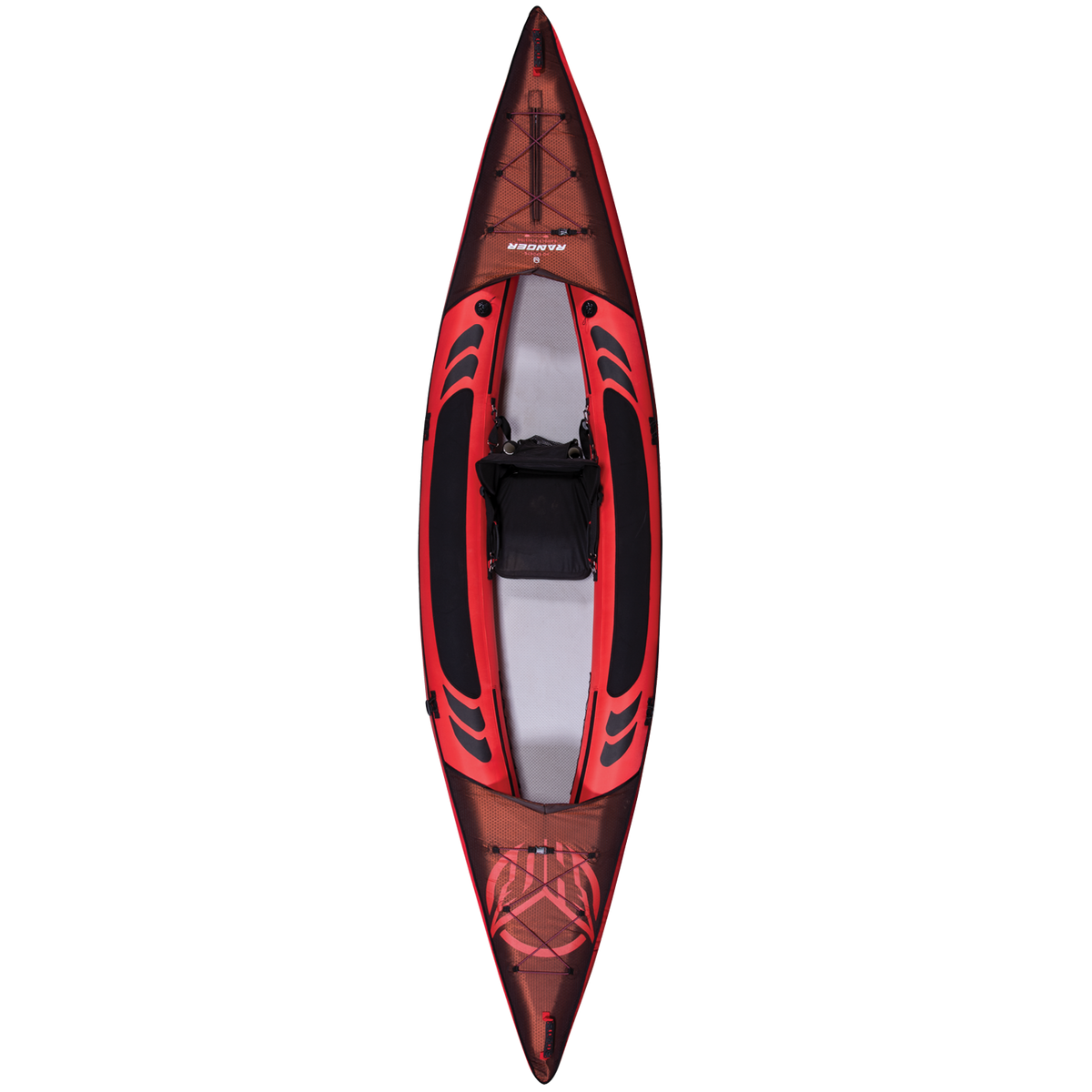 Top view of Ranger 13 Kayak showing a red inflatable body with black accents, an open cockpit, and a padded seat.