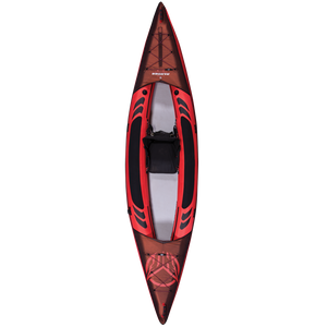 Top view of Ranger 13 Kayak showing a red inflatable body with black accents, an open cockpit, and a padded seat.