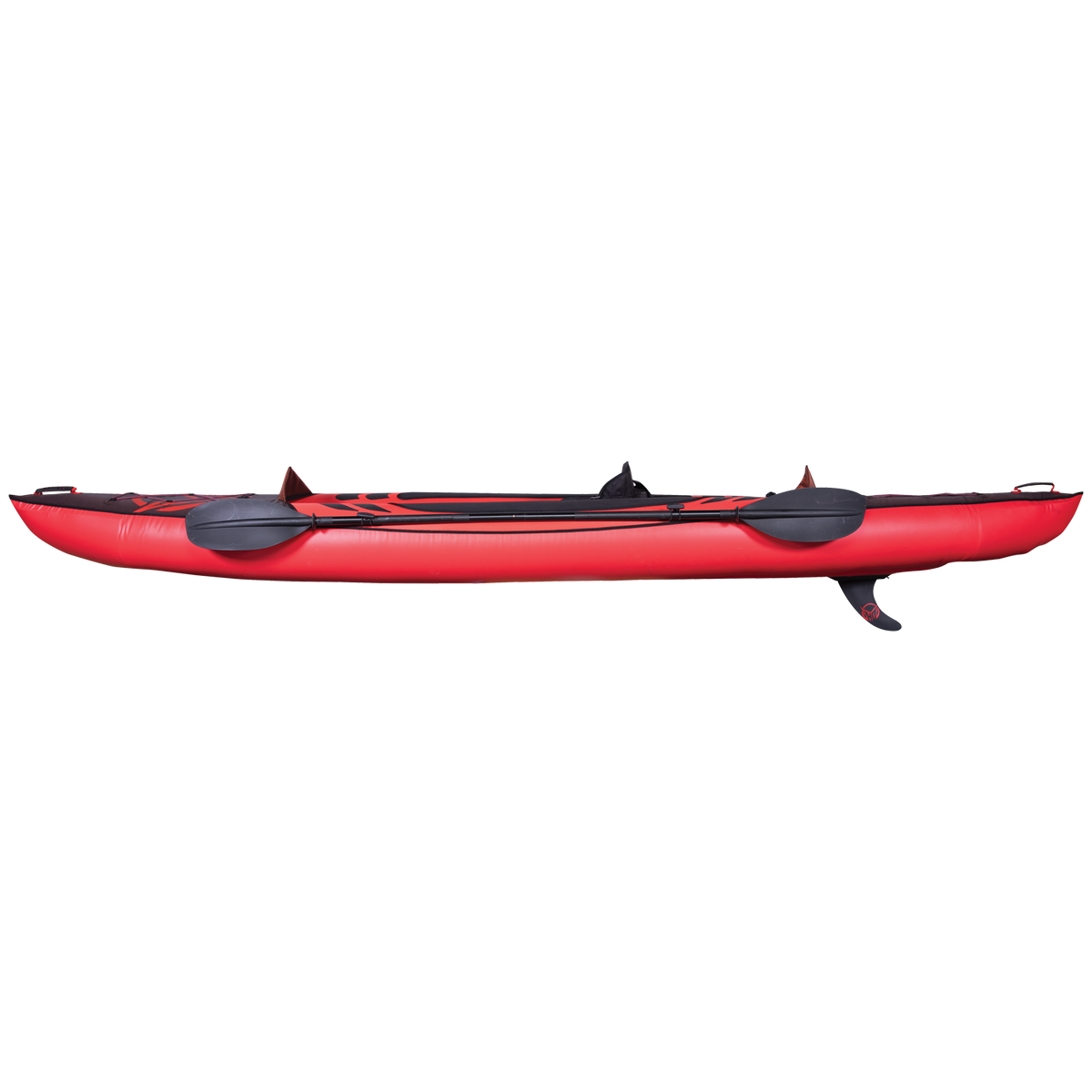 Side view of Ranger 13 Kayak displaying its sleek red design with a black paddle, skeg fin, and adjustable seat.