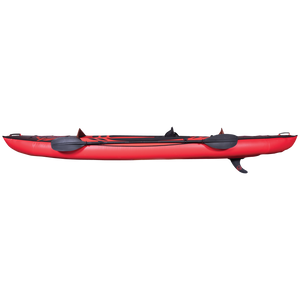 Side view of Ranger 13 Kayak displaying its sleek red design with a black paddle, skeg fin, and adjustable seat.