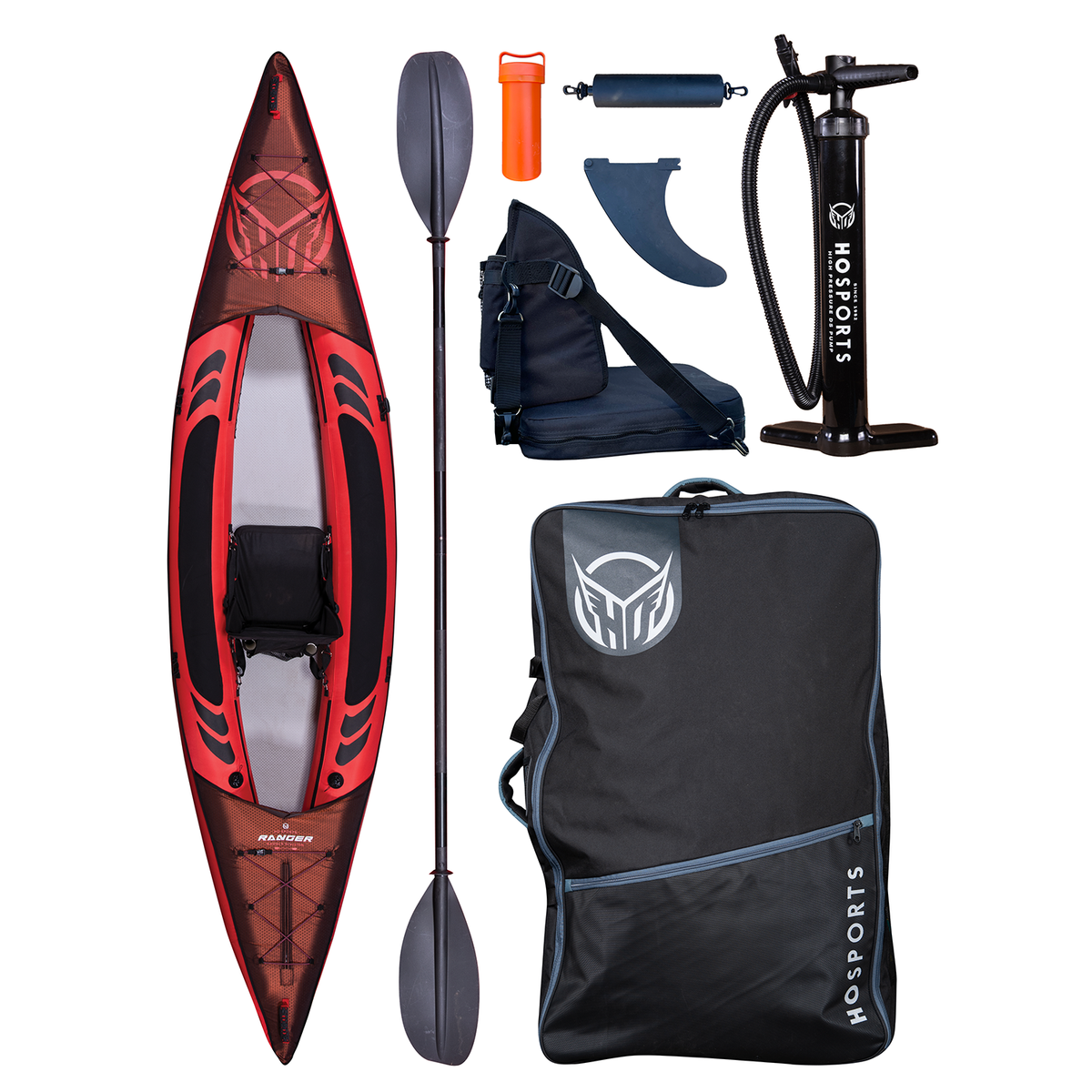 Full kit view of Ranger 13 Kayak including kayak, paddle, pump, fin, seat, dry bag, repair kit, and carry bag.