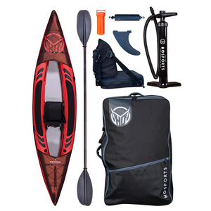 Full kit view of Ranger 13 Kayak including kayak, paddle, pump, fin, seat, dry bag, repair kit, and carry bag.