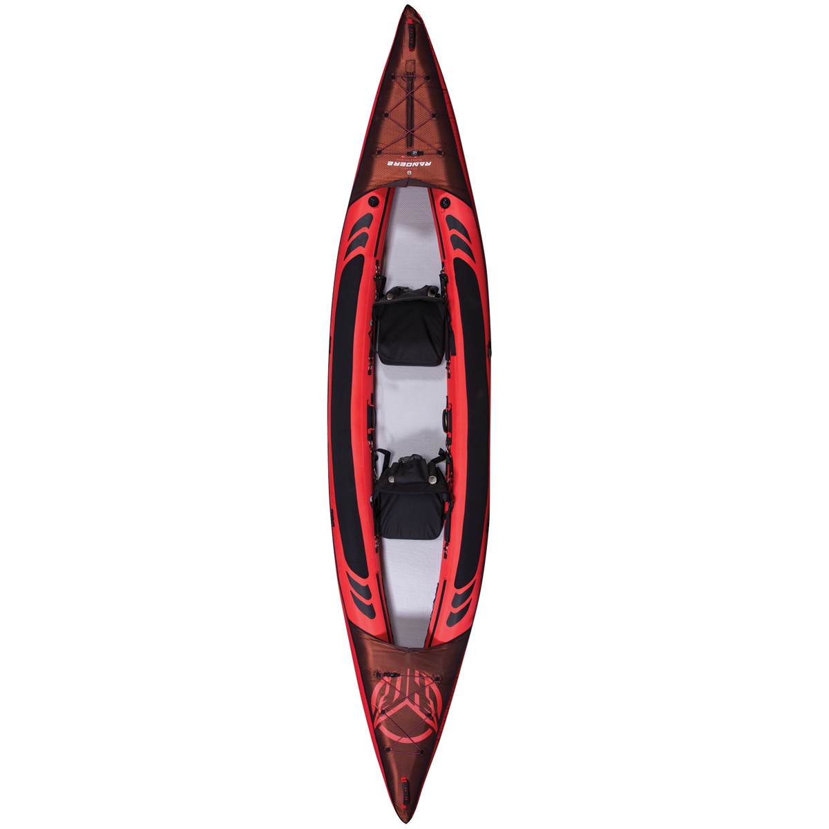 Top view of Ranger 15'6" Kayak showing a red inflatable body with black accents, two padded seats, and an open cockpit.