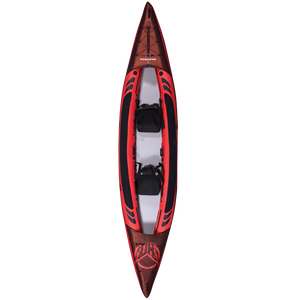 Top view of Ranger 15'6" Kayak showing a red inflatable body with black accents, two padded seats, and an open cockpit.
