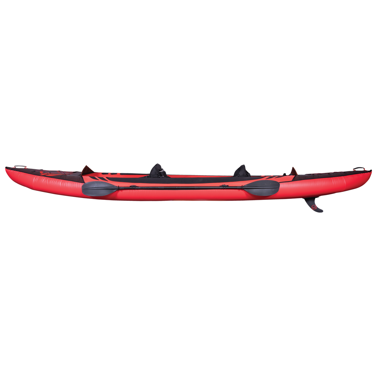 Side view of Ranger 15'6" Kayak displaying its sleek red design with black paddles, skeg fin, and adjustable seats.
