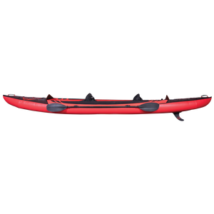 Side view of Ranger 15'6" Kayak displaying its sleek red design with black paddles, skeg fin, and adjustable seats.