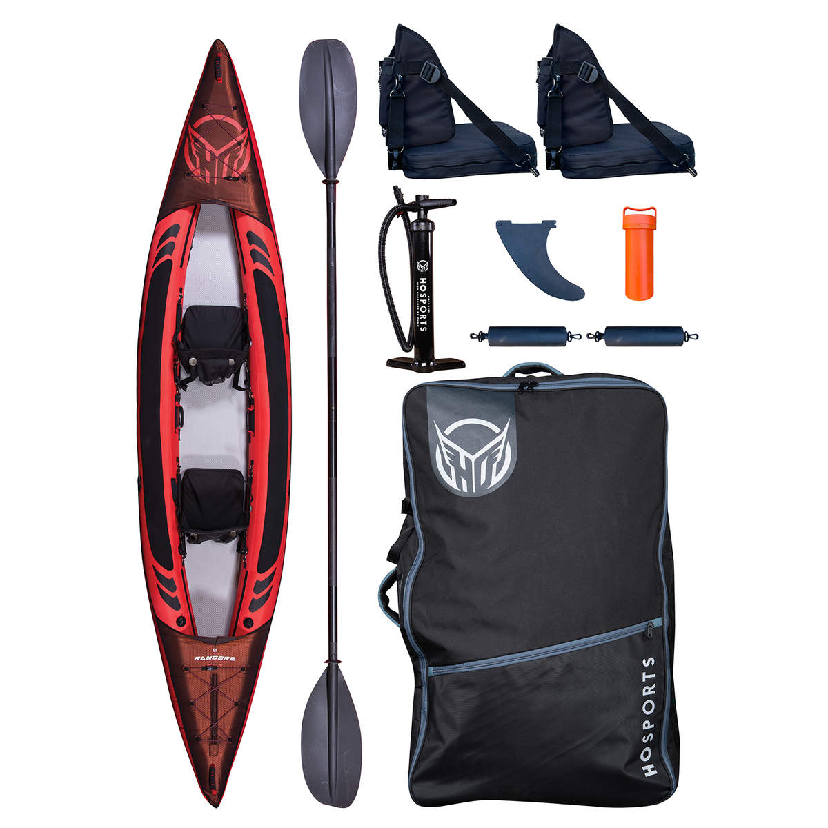 Full kit view of Ranger 15'6" Kayak including kayak, paddle, pump, skeg fin, two seats, dry bag, repair kit, and carry bag.