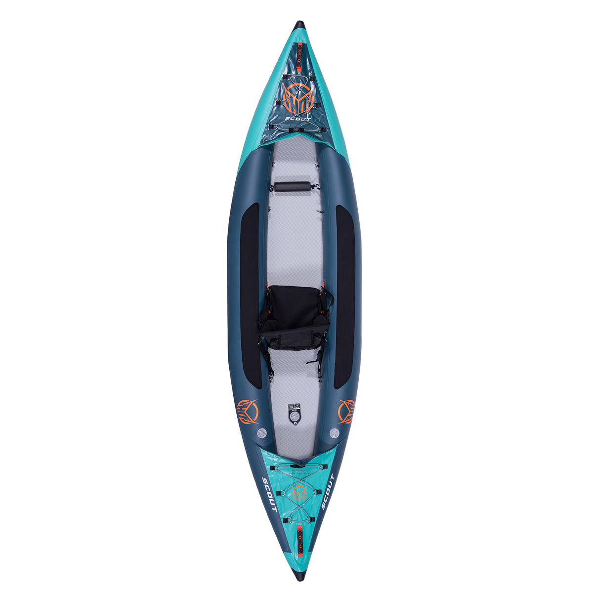 Top view of the Scout 11' Kayak, showing its blue and teal inflatable body, black seat, and footrests.