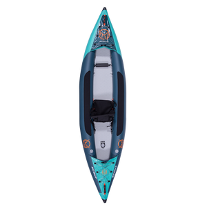 Top view of the Scout 11' Kayak, showing its blue and teal inflatable body, black seat, and footrests.