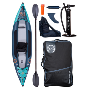 Flat lay of the Scout 11' Kayak package, including the kayak, paddle, seat, pump, fin, repair kit, and carry bag.