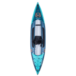 Top view of the Scout 13' Kayak, showing its blue and teal inflatable body, black seat, and footrests.