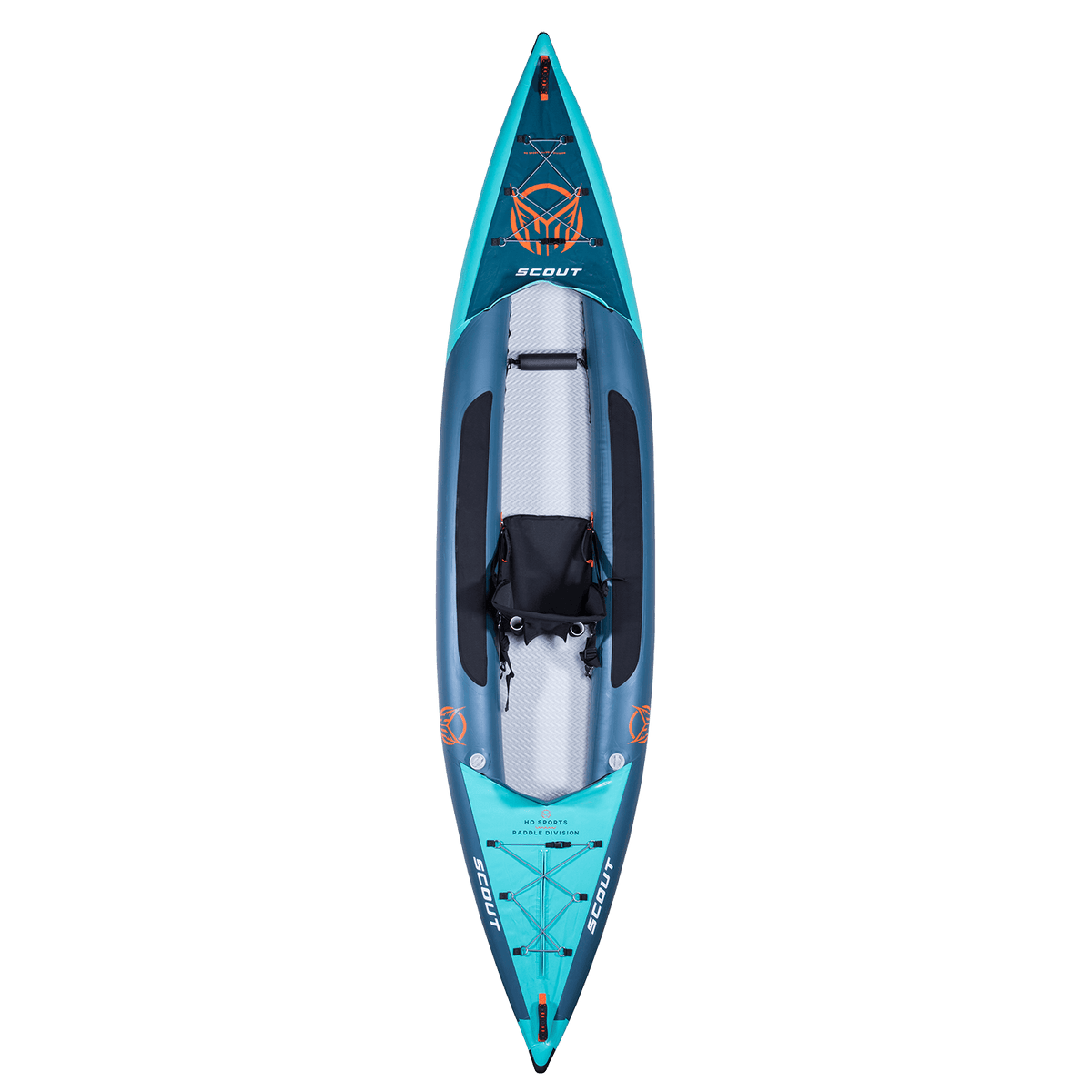 Top view of the Scout 13' Kayak, showing its blue and teal inflatable body, black seat, and footrests.