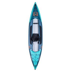 Top view of the Scout 13' Kayak, showing its blue and teal inflatable body, black seat, and footrests.