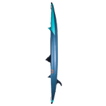 Side view of the Scout 13' Kayak, highlighting its sleek profile, side fins, and dark blue exterior.