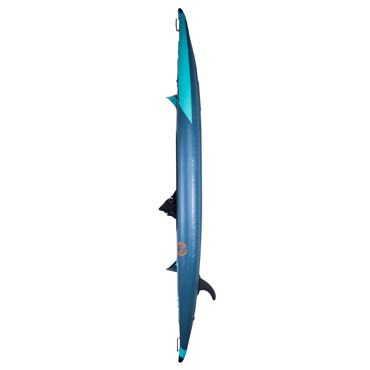 Side view of the Scout 13' Kayak, highlighting its sleek profile, side fins, and dark blue exterior.