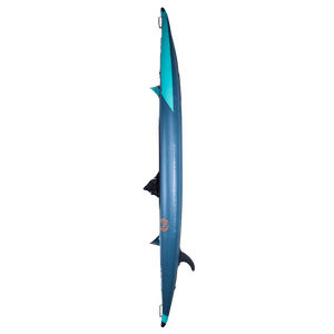 Side view of the Scout 13' Kayak, highlighting its sleek profile, side fins, and dark blue exterior.