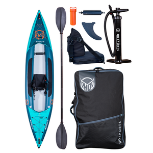 Flat lay of the Scout 13' Kayak package, including the kayak, paddle, seat, pump, fin, repair kit, and carry bag.