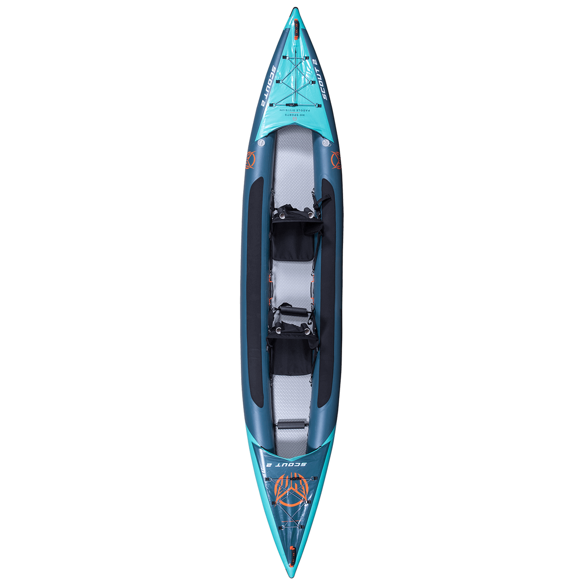 Top view of the blue Scout 15'6" Kayak, featuring dual seating, storage bungees, and cushioned footrests.