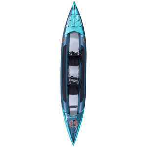 Top view of the blue Scout 15'6" Kayak, featuring dual seating, storage bungees, and cushioned footrests.