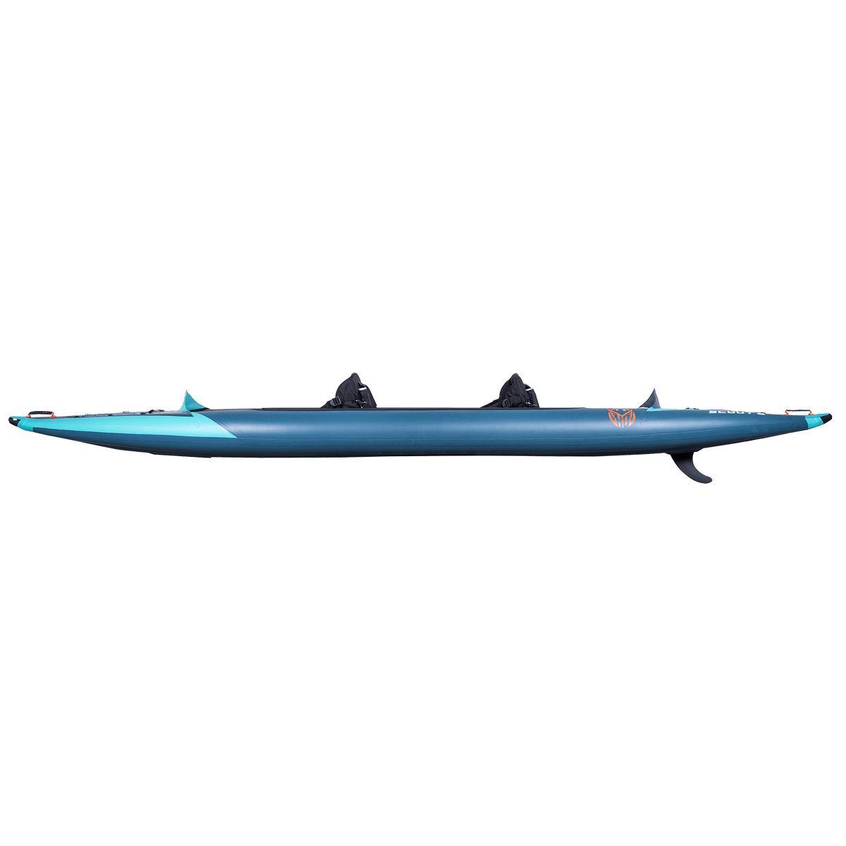 Side view of the blue Scout 15'6" Kayak, highlighting its streamlined design, stabilizing fins, and durable construction.