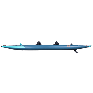 Side view of the blue Scout 15'6" Kayak, highlighting its streamlined design, stabilizing fins, and durable construction.