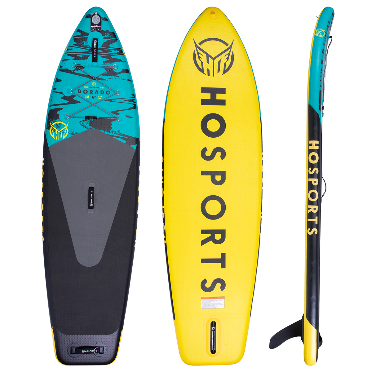 Top, bottom, and side views of the Dorado 9' iSUP, a blue, black, and yellow inflatable paddleboard with logo branding.