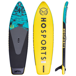 Top, bottom, and side views of the Dorado 9' iSUP, a blue, black, and yellow inflatable paddleboard with logo branding.