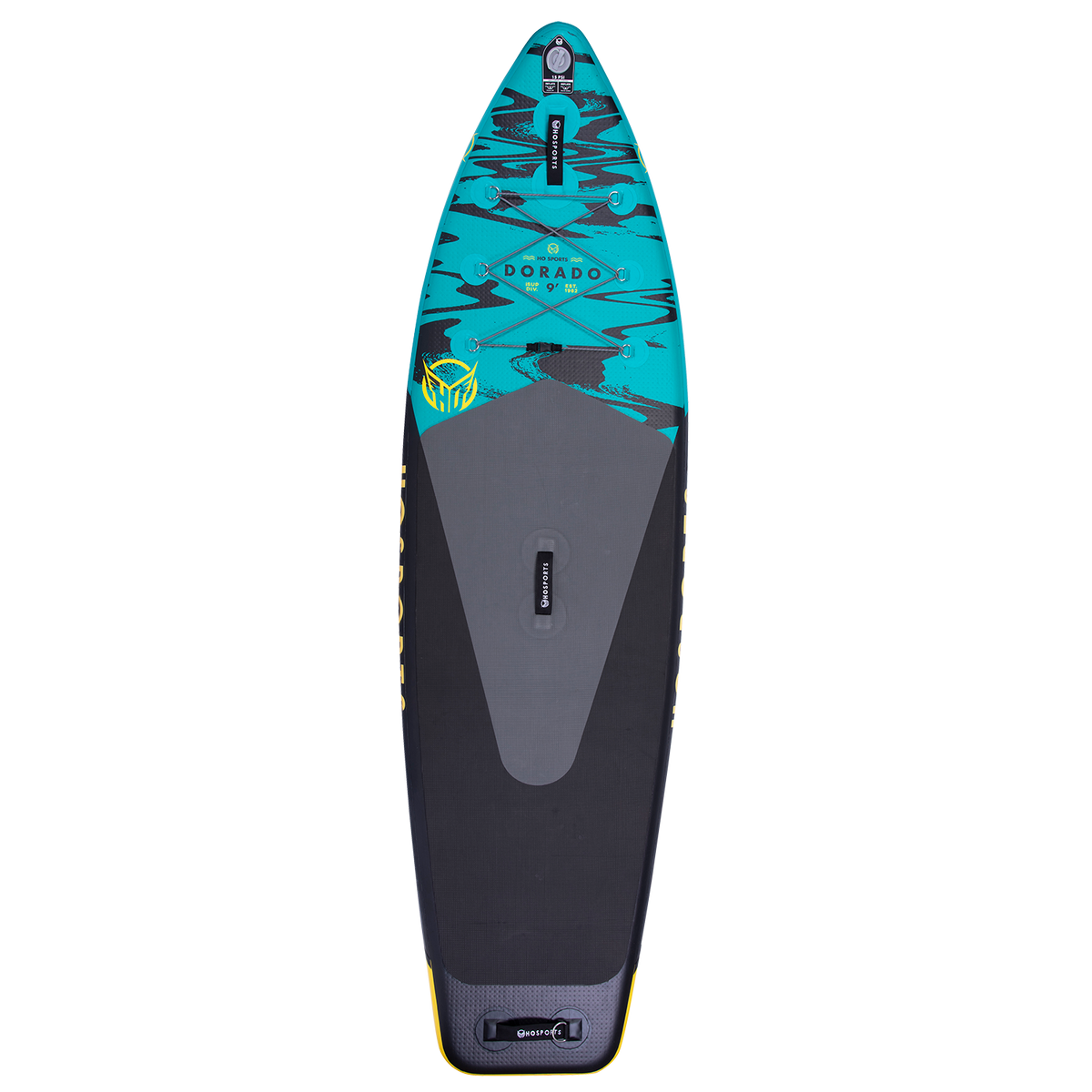 Top view of the Dorado 9' iSUP, a blue and black inflatable paddleboard with a textured deck pad and bungee storage.