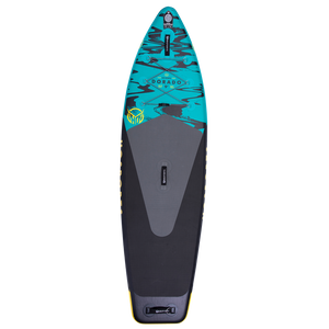Top view of the Dorado 9' iSUP, a blue and black inflatable paddleboard with a textured deck pad and bungee storage.