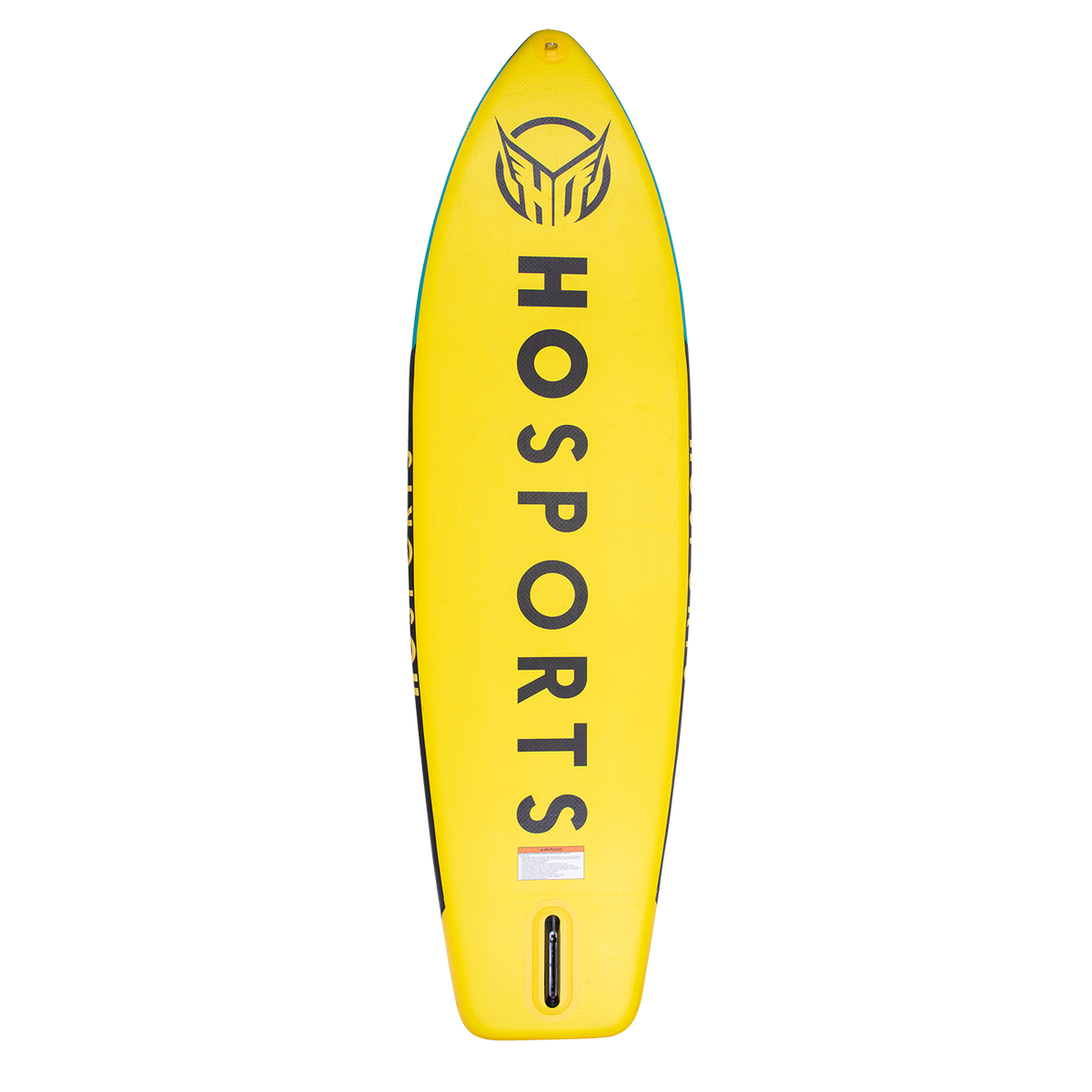 Bottom view of the Dorado 9' iSUP's yellow base featuring "HO SPORTS" branding and a center fin slot.