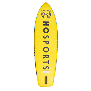 Bottom view of the Dorado 9' iSUP's yellow base featuring "HO SPORTS" branding and a center fin slot.