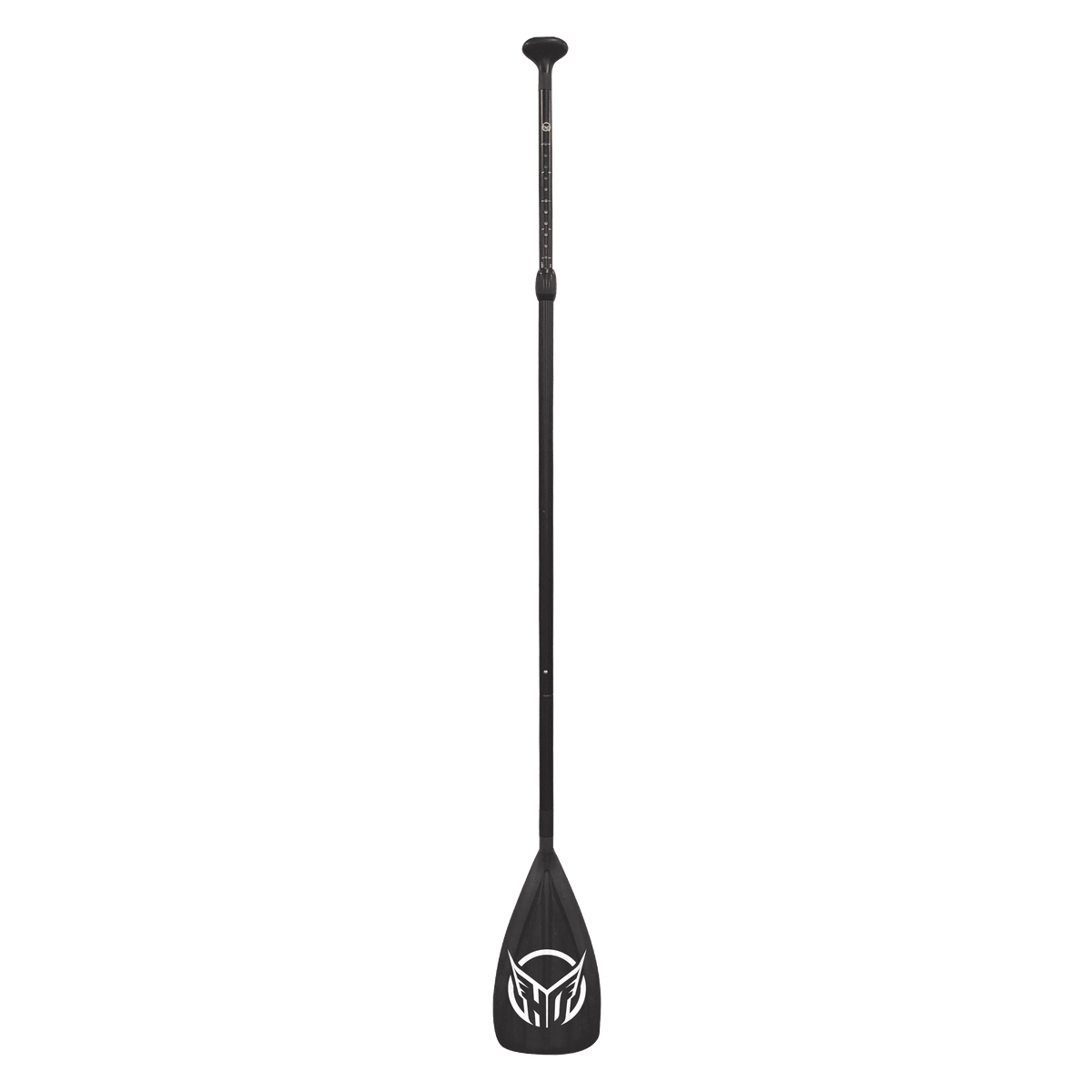 Front view of the black Strike Paddleboard Paddle, featuring an adjustable shaft and a wide blade with the HO Sports logo.