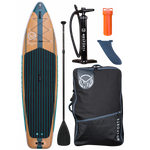 Top view of the Tarpon 11'6" iSUP package, including the board, paddle, pump, fin, carry bag, and dry storage container.