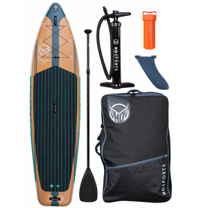 Top view of the Tarpon 11'6" iSUP package, including the board, paddle, pump, fin, carry bag, and dry storage container.