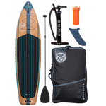 Top view of the Tarpon 10'6" iSUP package, including the board, paddle, pump, fin, carry bag, and dry storage container.