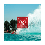 Front view of the HO Sports Banner, a square promo banner featuring a skier cutting through water with an HO Sports logo.