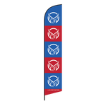 Tall view of the HO Sports Feather Flag, a blue and red flag with multiple white HO Sports logos stacked vertically.
