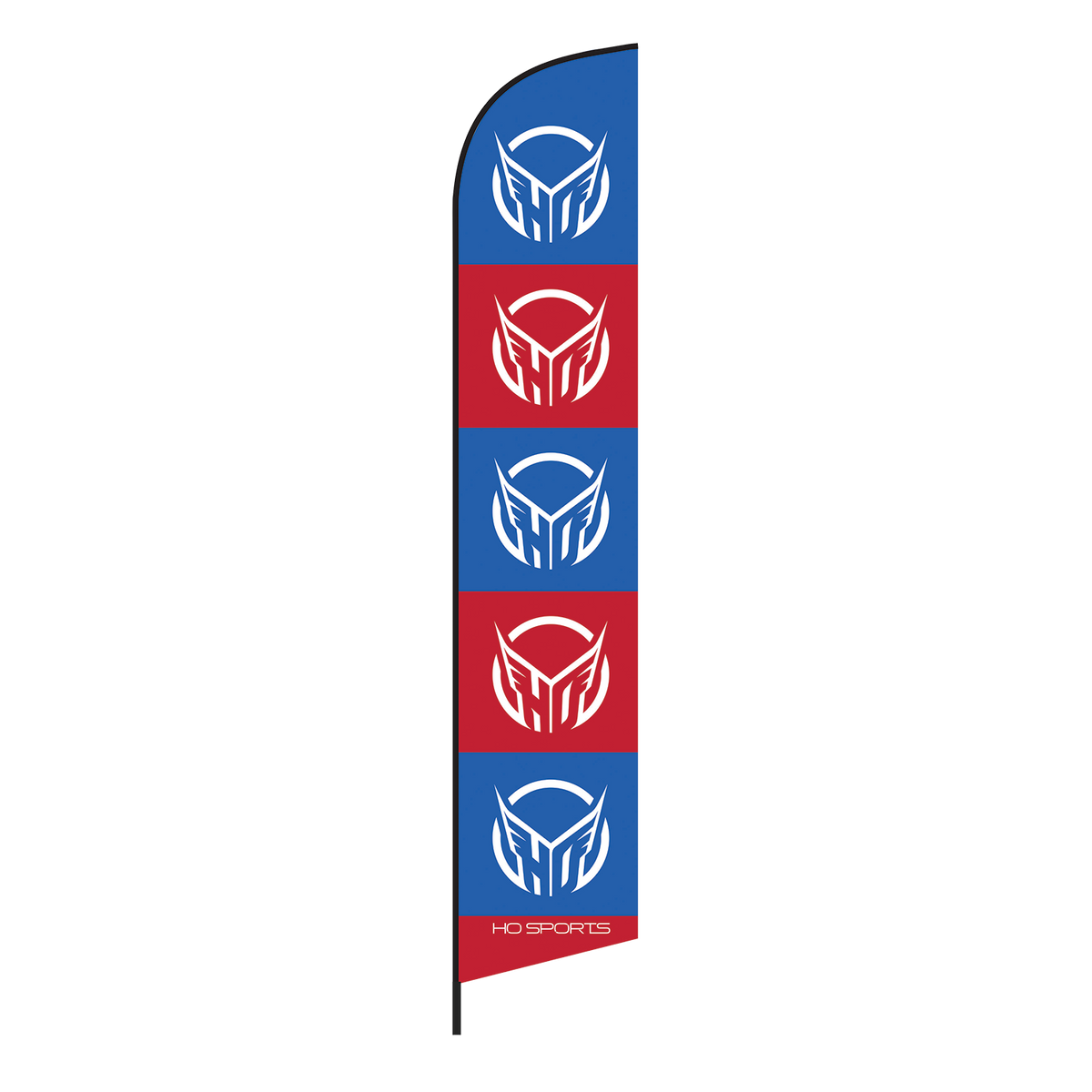 Tall view of the HO Sports Feather Flag, a blue and red flag with multiple white HO Sports logos stacked vertically.
