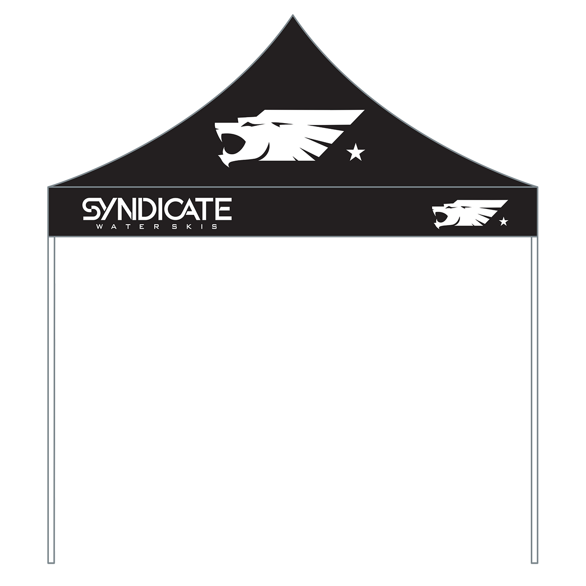 Side view of the HO Sports/Syndicate Pop-Up Tent, black with white Syndicate logos and wordmark.