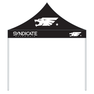 Side view of the HO Sports/Syndicate Pop-Up Tent, black with white Syndicate logos and wordmark.