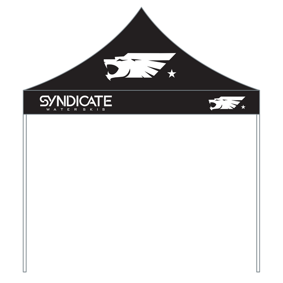 Side view of the HO Sports/Syndicate Pop-Up Tent, black with white Syndicate logos and wordmark.