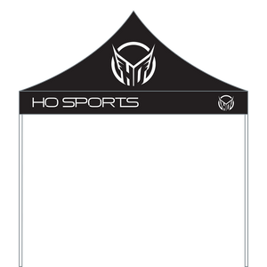 Side view of the HO Sports/Syndicate Waterskis Pop-Up Tent in black with the HO Sports logo on the canopy and side panel.