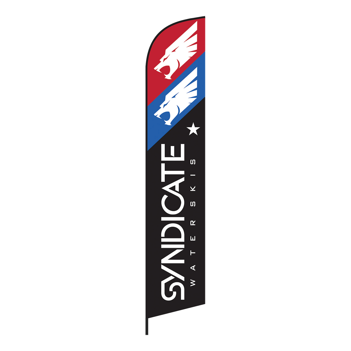 Front view of Syndicate Waterskis Feather Flag with a black background, red and blue logos, and white text.