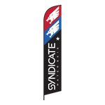 Front view of Syndicate Waterskis Feather Flag with a black background, red and blue logos, and white text.