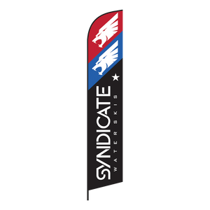 Front view of the Feather Flag Kit, black feather flag with red and blue Syndicate logos and wordmark.