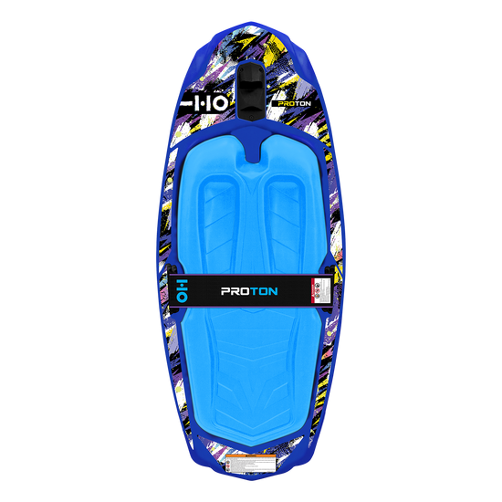 Top view of the Proton kneeboard with Powerlock strap, blue molded deck and a paint-splatter graphic rail.