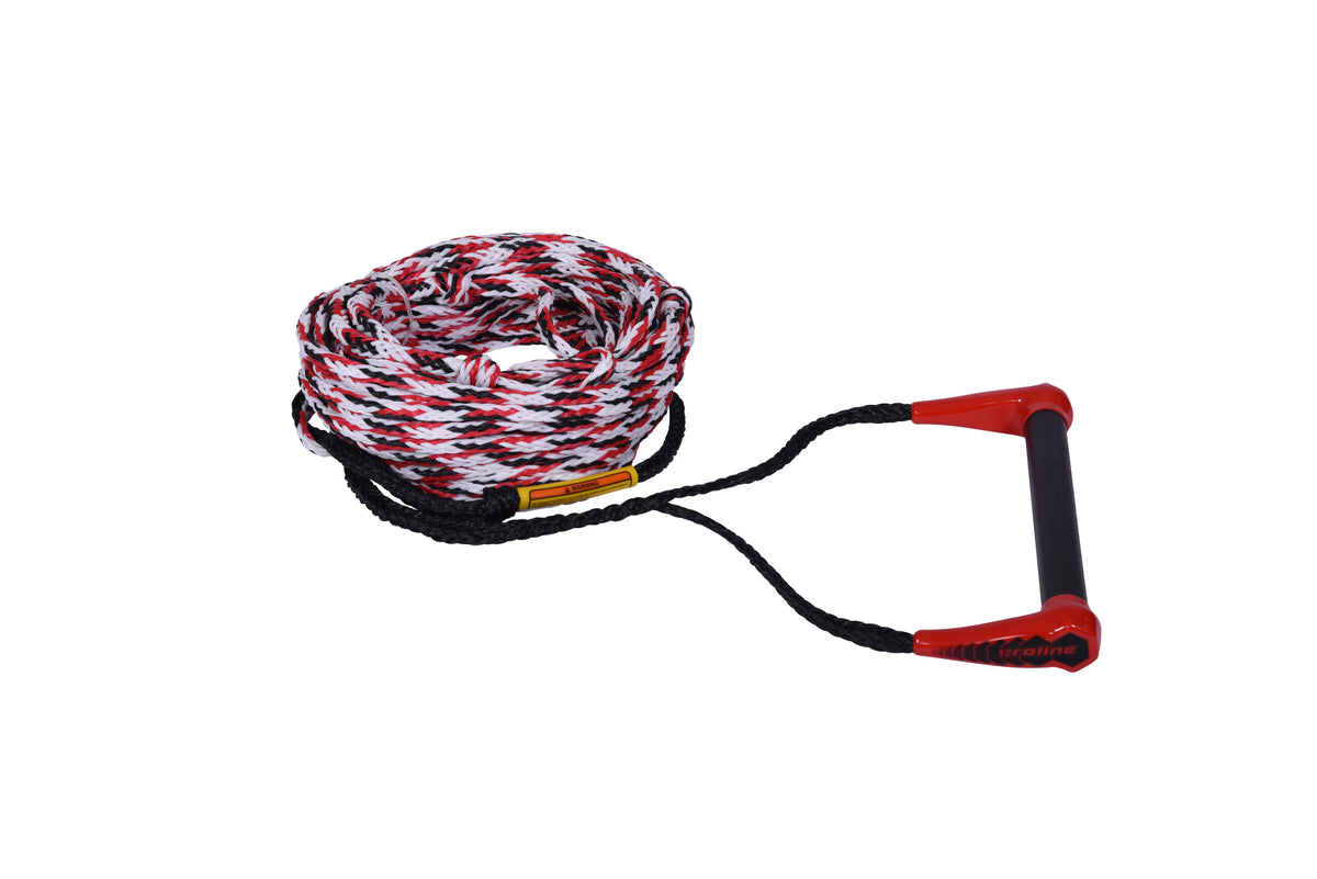 Angled view of the Sport Package handle and 5-section mainline, red grip on a coiled red, white and black rope.