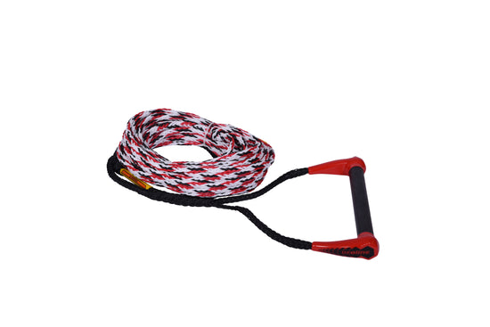 Angled view of the Sport Package handle and 75' mainline, red grip on a coiled red, white and black rope.