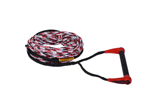 Angled view of the Sport Package handle and 8-section mainline, red grip on a coiled red, white and black rope.
